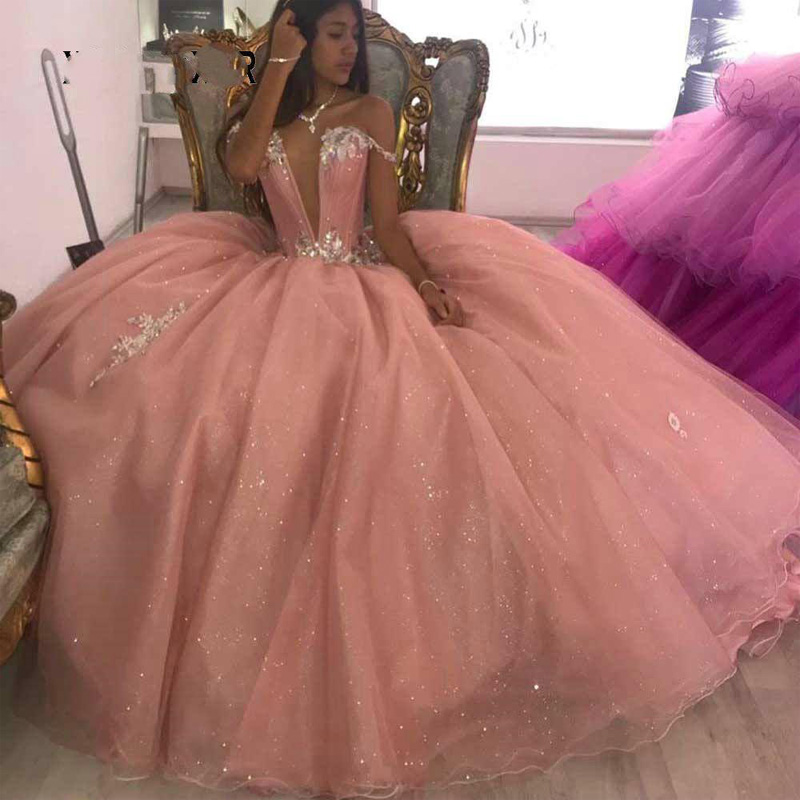 Lovely Pink Quinceanera Dress 2021 Ball Gown Sweet 15 16 Dresses Beading Crystal Long Princess Gown For Birthday Party Plus Size
