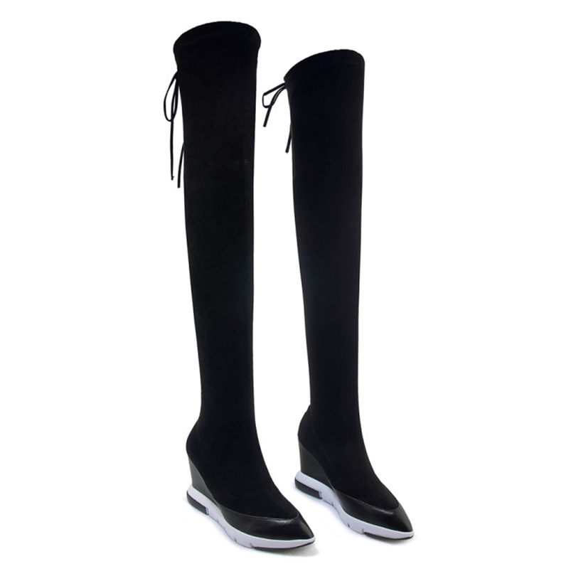 Hot Sale-Thigh High Boots Women Black Genuine Leather Over The Knee High Riding Booties Wedges Heel Tall Shaft Pumps