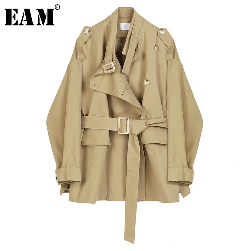 EAM Loose Fit Khaki Bandage Stitch Big Size Jacket Stand Collar Long Sleeve Women Coat Fashion Spring Autumn 1D361 201017