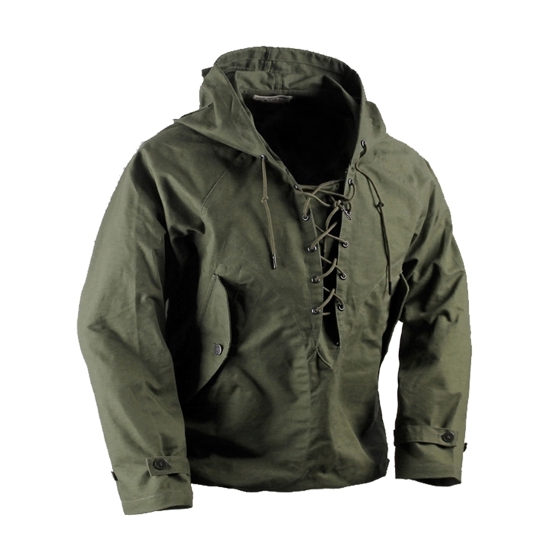 USN Wet Weather Parka Vintage Deck Jacket Pullover Lace Up WW2 Uniform Mens Navy Military Hooded Jacket Outwear Army Green 201128