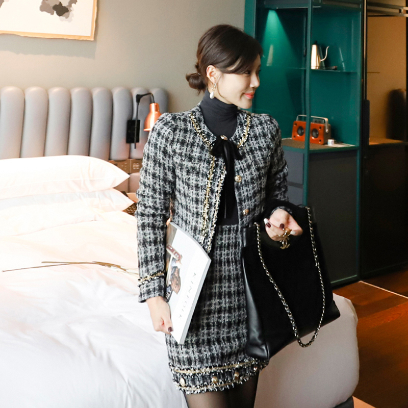 Autumn Winter Tweed Wool 2 Piece Set Women Bowknot Plaid Skirt Set Female Fringed Trim Short Jacket Coat + Bodycon Skirt Suit 201109