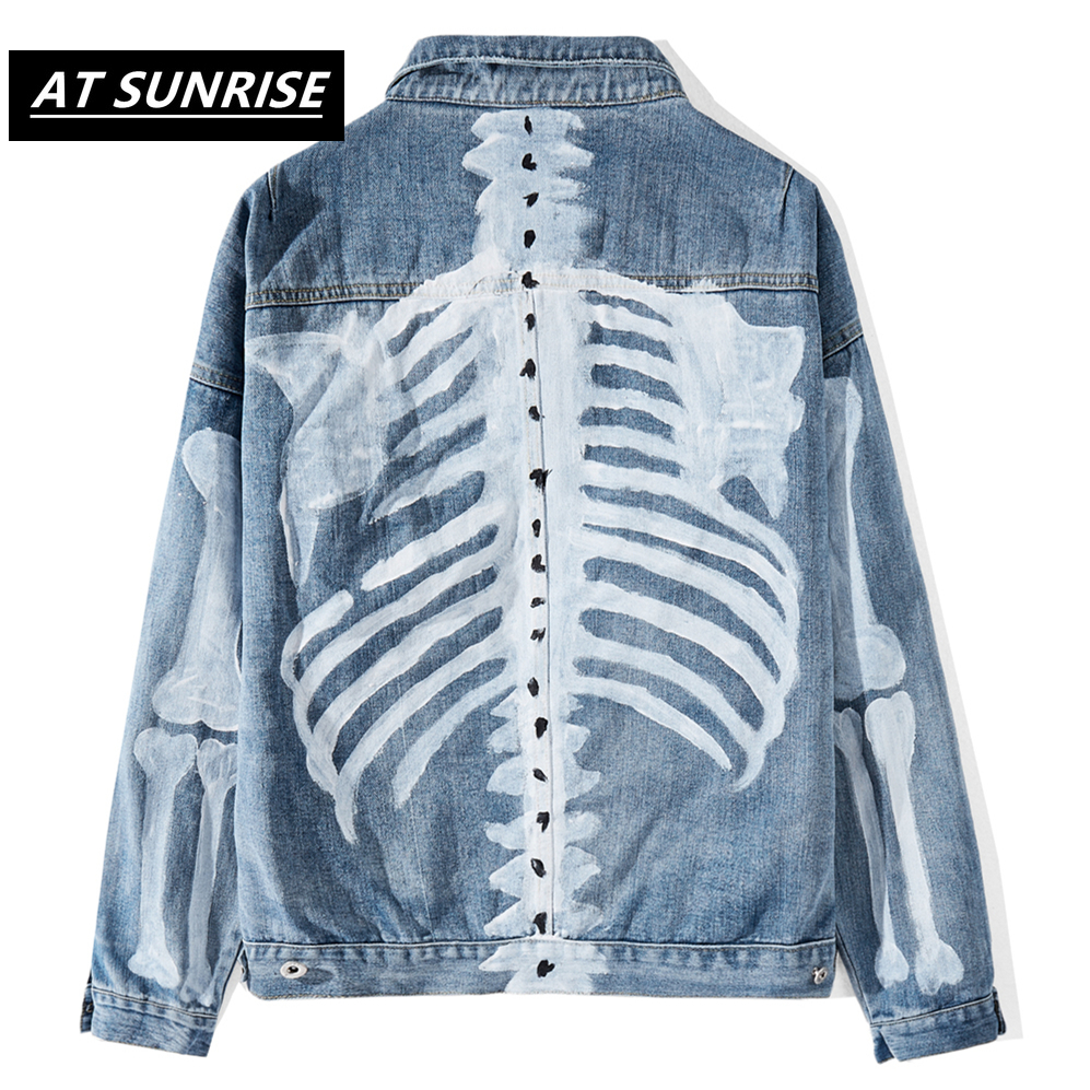 Graffiti Skeleton Bones Print Denim Jacket Streetwear Men Hip Hop Punk Rock Denim Jean Coats Fashioin Casual Jackets 201119