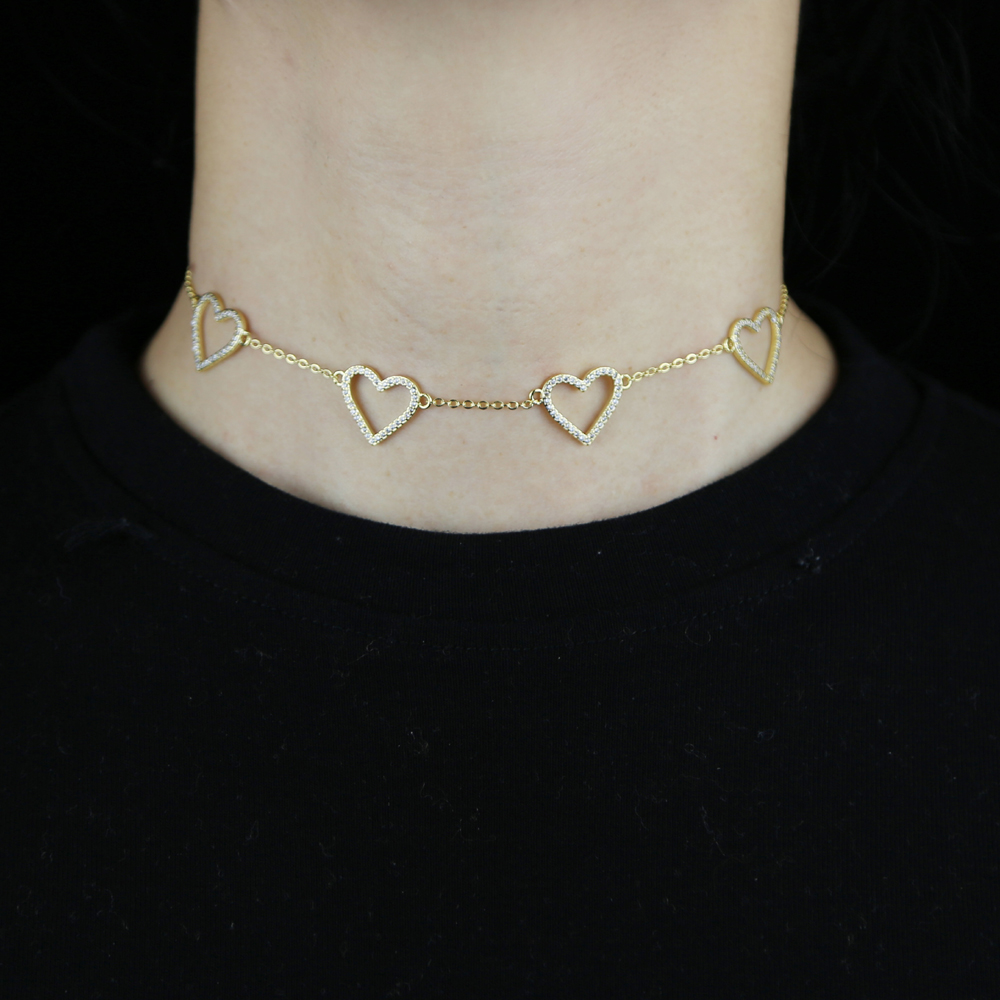 4 Pcs Hollow Heart Charm Link Chain Choker Micro Pave Pink Blue White CZ Gold Color 2021 Fashion Valentine's Day Gift Necklace