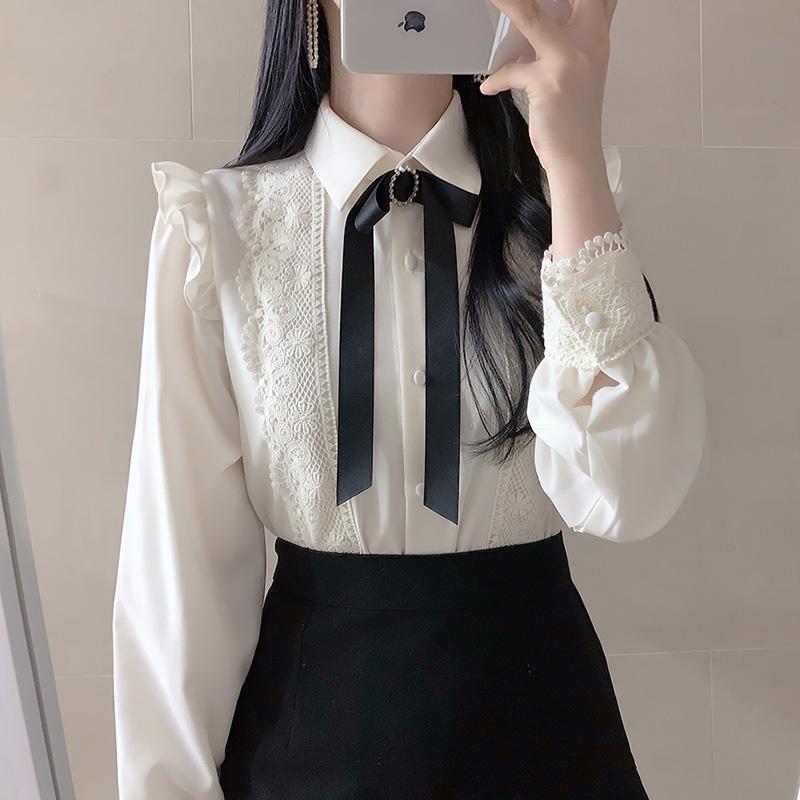Sweet Women lace shirt Patchwork Ruffles Chiffon Tops Elegant Long-sleeve Bowknot White blouse
Sweet Women lace shirt Patchwork Ruffles Chiffon Tops Elegant Long-sleeve Bowknot White blouse