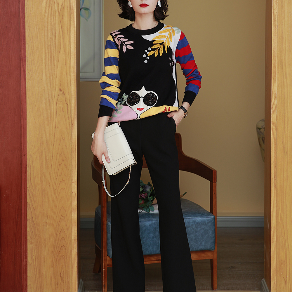 Winter New Contrast Striped Sleeve Embroidery Leaves Beaded Sequins Sunglasses Girls Knit Sweater C-331 201224