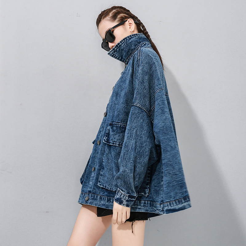 EAM Loose Fit Blue Denim Split Joint Oversized Big Size Jacket Lapel Long Sleeve Women Coat Fashion Spring 1N897 201017