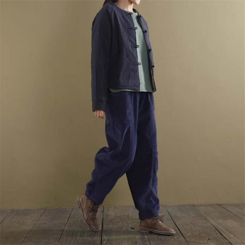 Johnature Women Wide Leg Pants Elastic Waist Spring New Loose Brief Pockets Women Trouser 6 Colour Corduroy Vintage Pants 201106