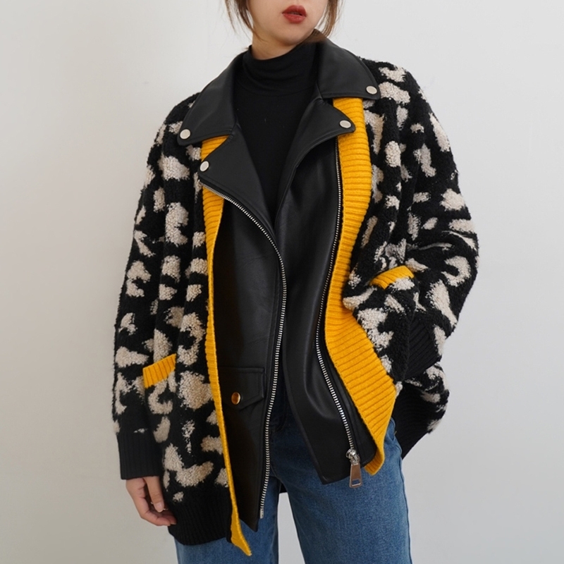 Runway Leather Leopard Jacket Women Zipper Pocket Loose Autumn Coat Turn Down Collar Patchwork Lamb Wool Outwear Oversized A147 201109, Yellow black
Runway Leather Leopard Jacket Women Zipper Pocket Loose Autumn Coat Turn Down Collar Patchwork Lamb Wool Outwear Oversized A147 201109, Yellow black