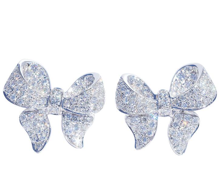 Sterling Silver Bowknot Designer Stud Earrings Shining Crystal Diamond Luxury CZ Diamond Stone Cute Earring Ear Rings Jewelr