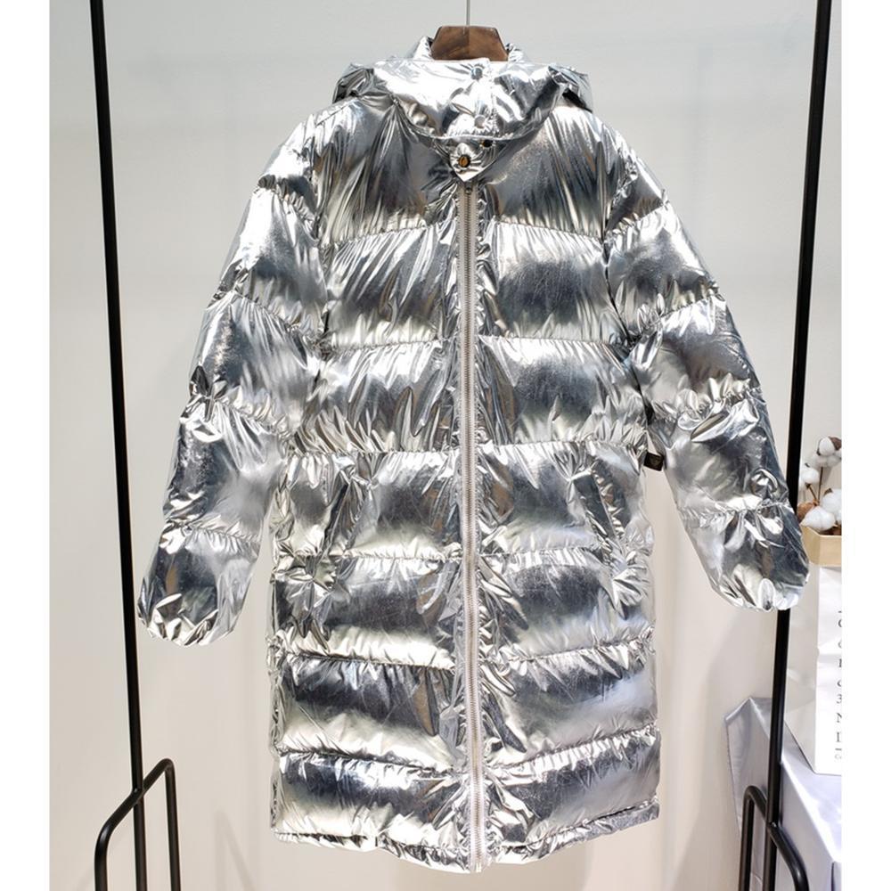L77street Liizi Winter Thick Tooded Shiny Woman Winter Jacket Silver Long over-the-knee versatile Cotton coat 201110