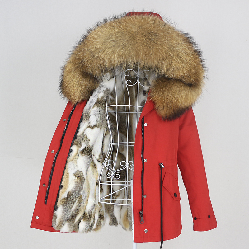 OFTBUY Short Waterproof Parka Real Rabbit Fur Coat Natural Fox Raccoon Big Fur Collar Hood Winter Jacket Women Removable 201103