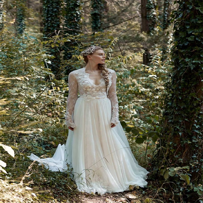 Beach Long Sleeves Wedding Dresses Newest Sexy Illusion Full Appliqued Lace Bridal Gowns Boho Sweep Train Plus Size Vestido De Novia