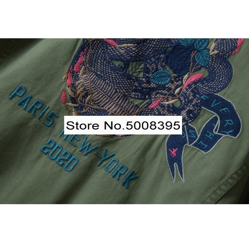 Army Green Military Jacket Shirt Collar Front Patch Pockets Long Sleeves Back Skull Snake Embroidered Fashion coat 201126