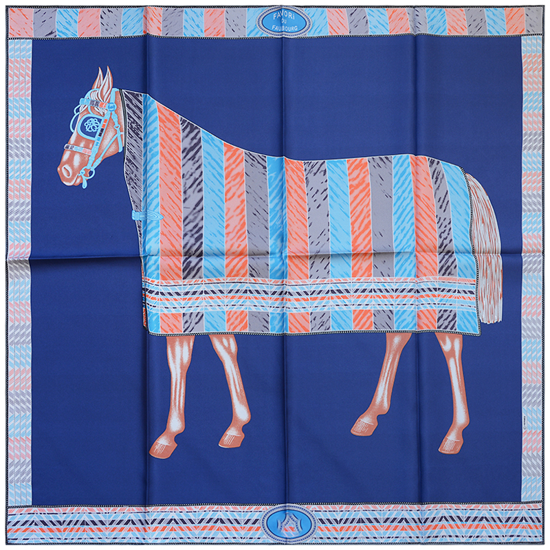 HuaJun 2 Store || "Favori du Faubourg" with navy blue bottom 90 silk square scarf twill print scarf handmade curling Y201007
