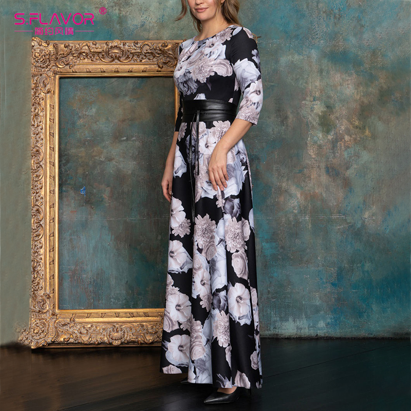 S.FLAVOR Women Elegant O Neck Long Dress Vintage Floral Printing Winter Fashion Casual Maxi Dress NO BELT Boho Party Vestidos De 201029