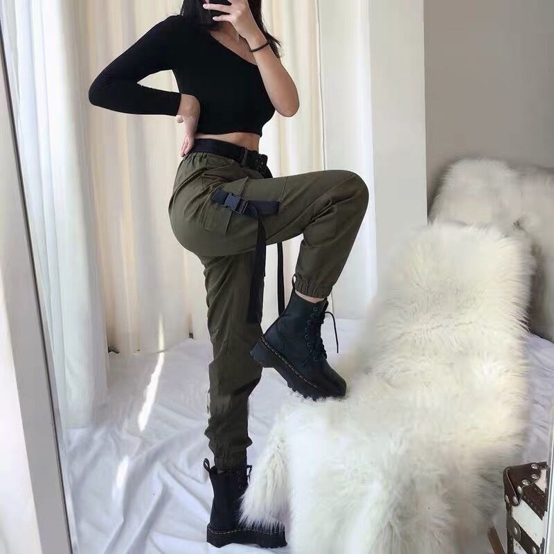 OCEANLOVE Cargo Pants Women Solid Pockets Streetwear Fashion Korean Student Casual Pantalon Femme Spring Trousers 13655 201111