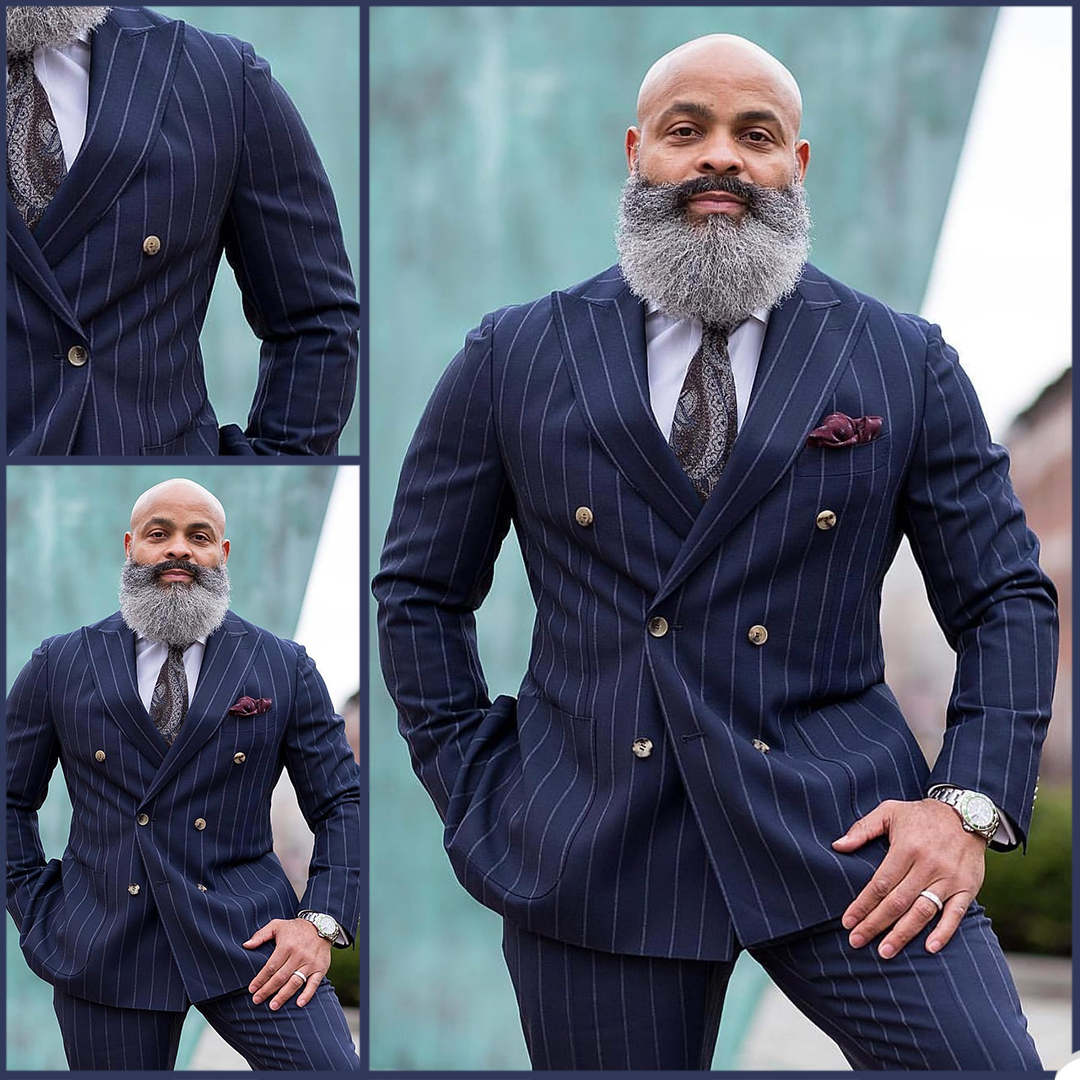 Navy Blue Striped Men Suits for Wedding Groom Tuxedo 2 Piece Custom Made Fashion Set Jacket (Jacket+Pants)