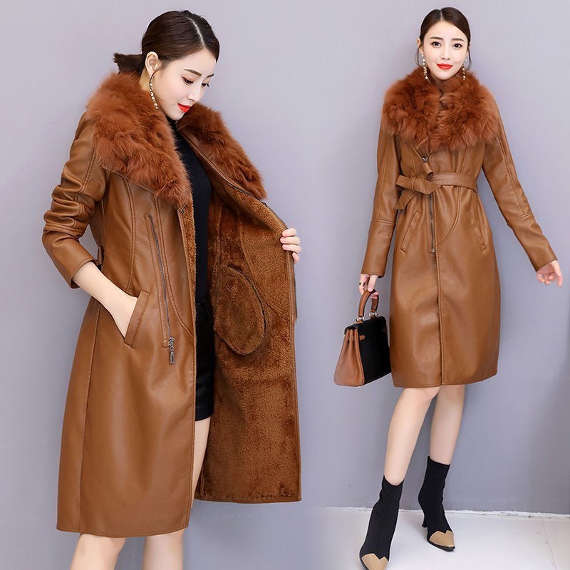 Women's Winter Faux Fur Collar Leather Loose Coats Women's commuter Slim Collect waist plus-size velvet thick Leather jacket 201020
