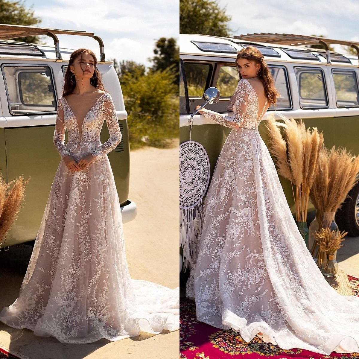 2021 Bohemia Wedding Dresses V Neck Long Sleeves Appliques Lace Bridal Gowns Custom Made Button Back Sweep Train A Line Wedding Dress, Champagne
2021 Bohemia Wedding Dresses V Neck Long Sleeves Appliques Lace Bridal Gowns Custom Made Button Back Sweep Train A Line Wedding Dress, Champagne