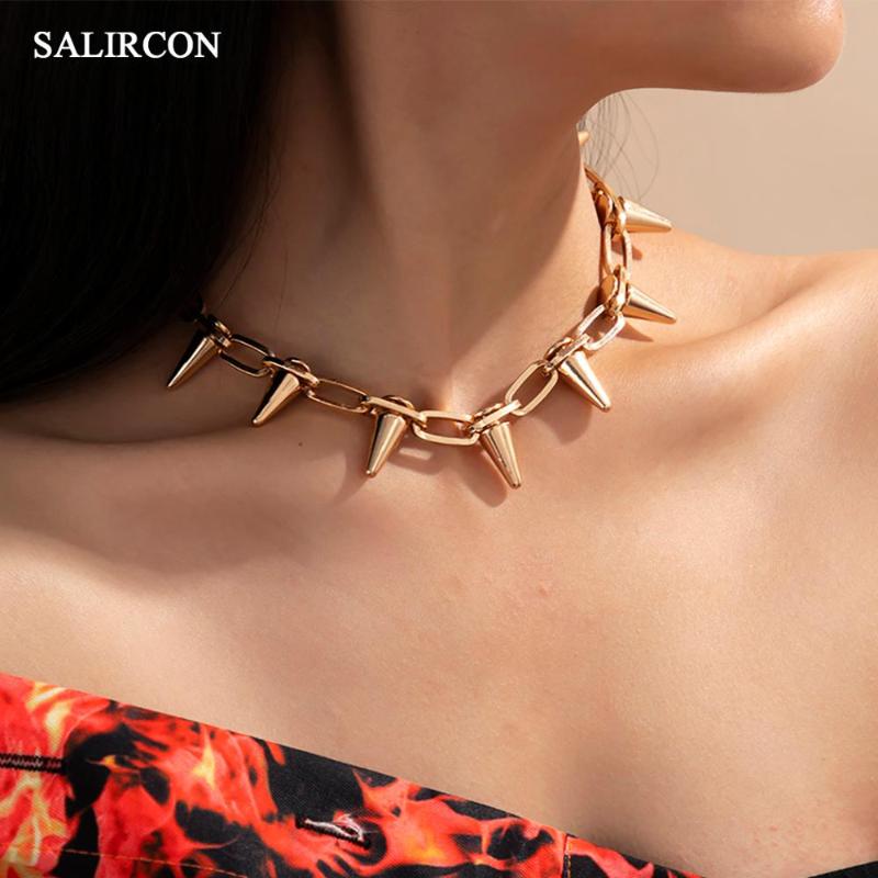 

Salircon Punk Aluminium Spike Rivet Chain Necklace for Women Jewelry Hiphop Gold Color Unique Design Collar Choker Necklace Gift