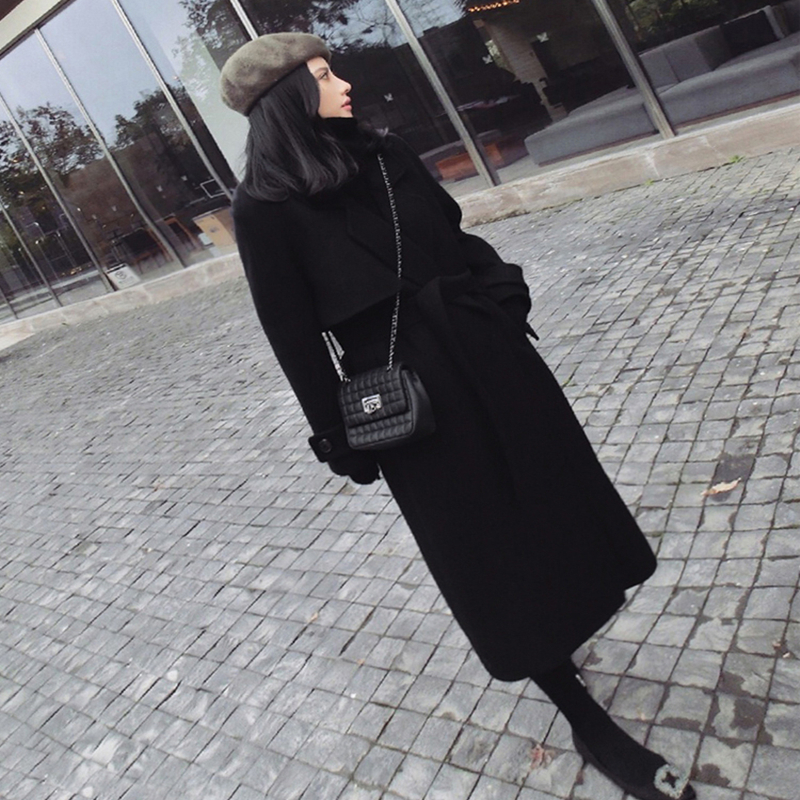 Woolen Autumn Winter Black Coat Women's Clothing Fashion Women Jacket Loose Belt Long Overcoat Female Casual Wool Coat 2