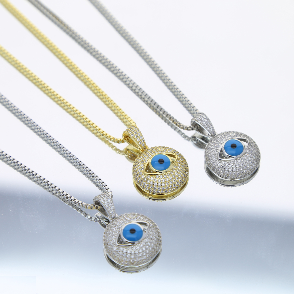 Hip hop Turkish Evil Eye charm necklace Jewelry For Women 5A Cz paved round pendant blue Eye Choker Necklace with box chain