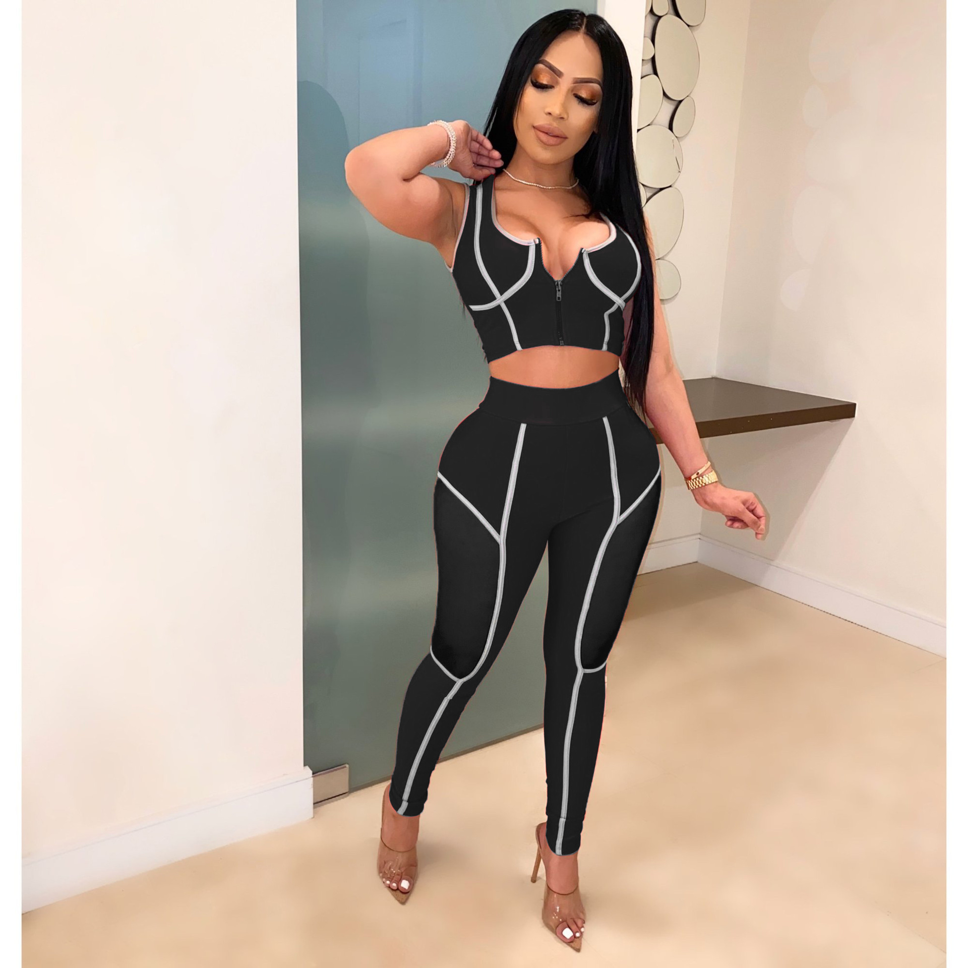 Summer Two Piece Set Crop Top and Pants 2 Piece Set Women Club Outfits Matching Sets Tracksuit Women Set Clothes PT0020 T200706