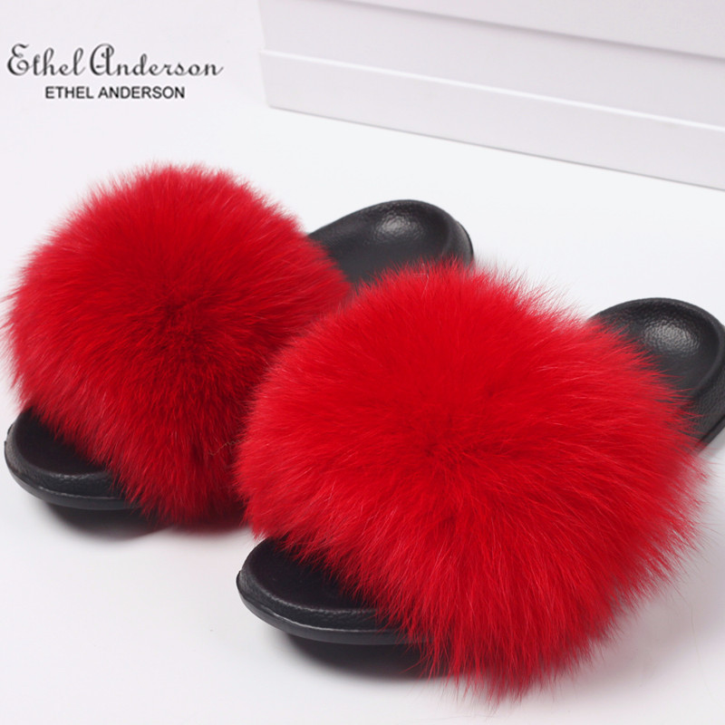 ETHEL ANDERSON Real Fox Raccoon Fur Slippers Slides Lady Retro Summer Flip Flops Casual Fluffy Fur Sandals Plush Shoes LJ200903