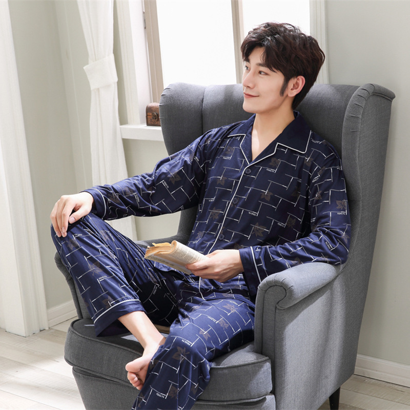 Spring Knitted Mens Pajama Set Cardigan Fold-down Collar Middle-aged Tracksuit Autumn MEN'S Wear Long Sleeve Pajamas 201109
