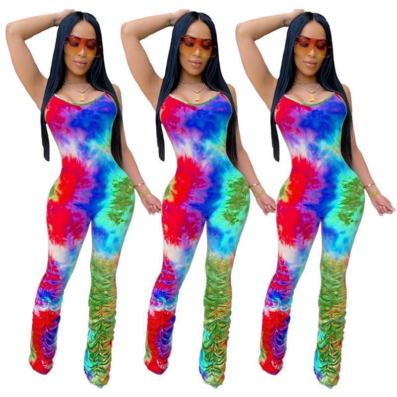 HAOYUAN Sexy Tie Dye Bodycon Rompers Women Jumpsuit One Peice Club Outfits Ruched Stacked Pant Spaghetti Strap Backless Overalls T200509