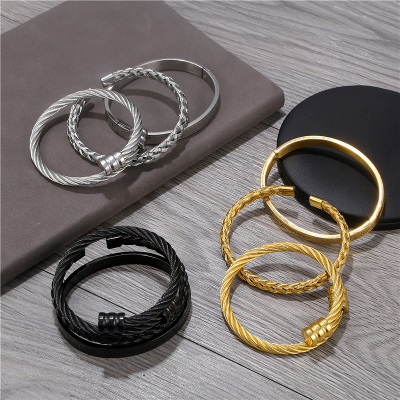3pcs/Set Roman Numeral Mens Bracelets Stainless Steel Hemp Rope Buckle Open Bangles Gold Pulseira Bileklik Bracelet Jewelry