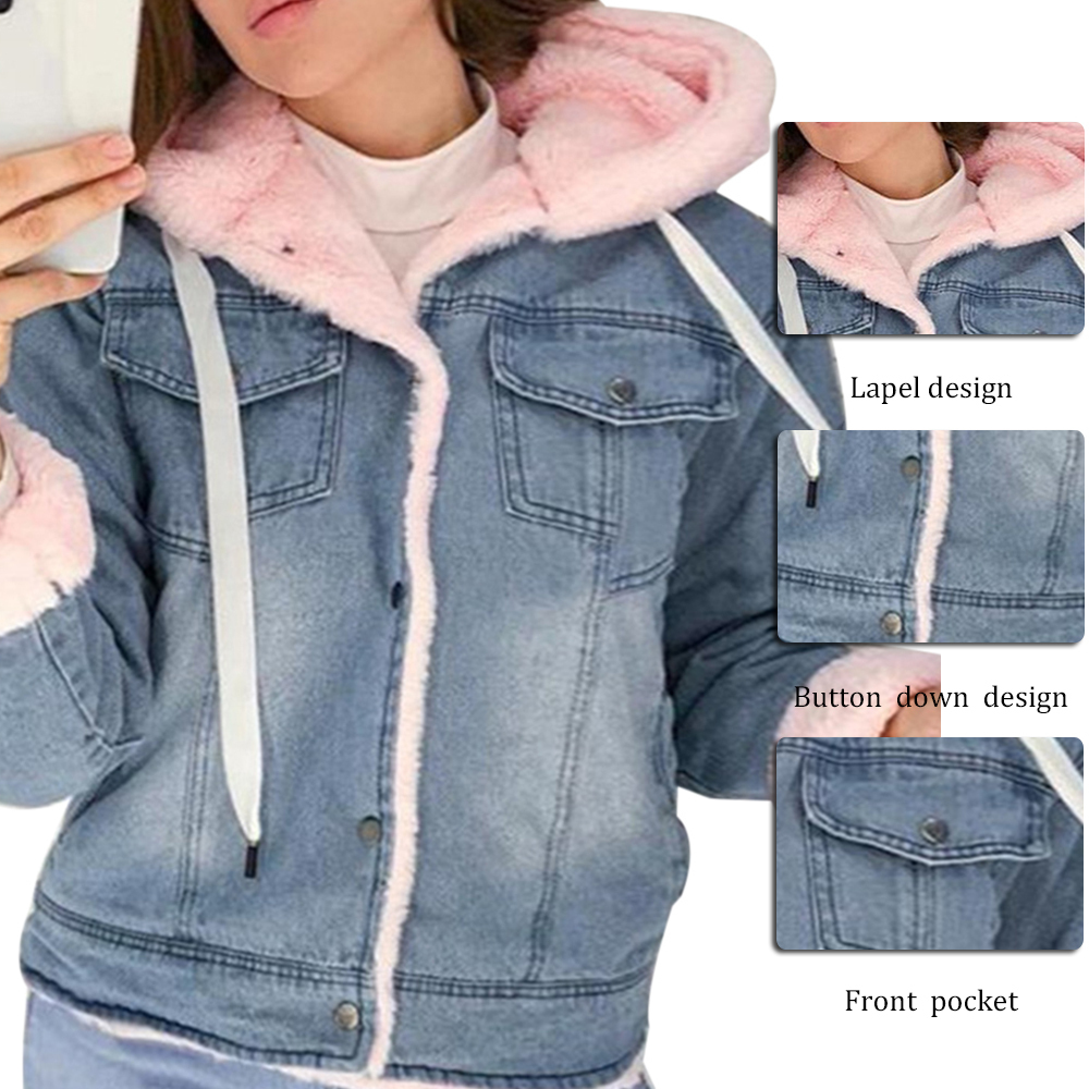 New Women Denim Jacket With Fur Winter Jeans Warm Hooded Velvet Jacket Femme Faux Fur Collar Padded Coats Bomber Windbreake 201017