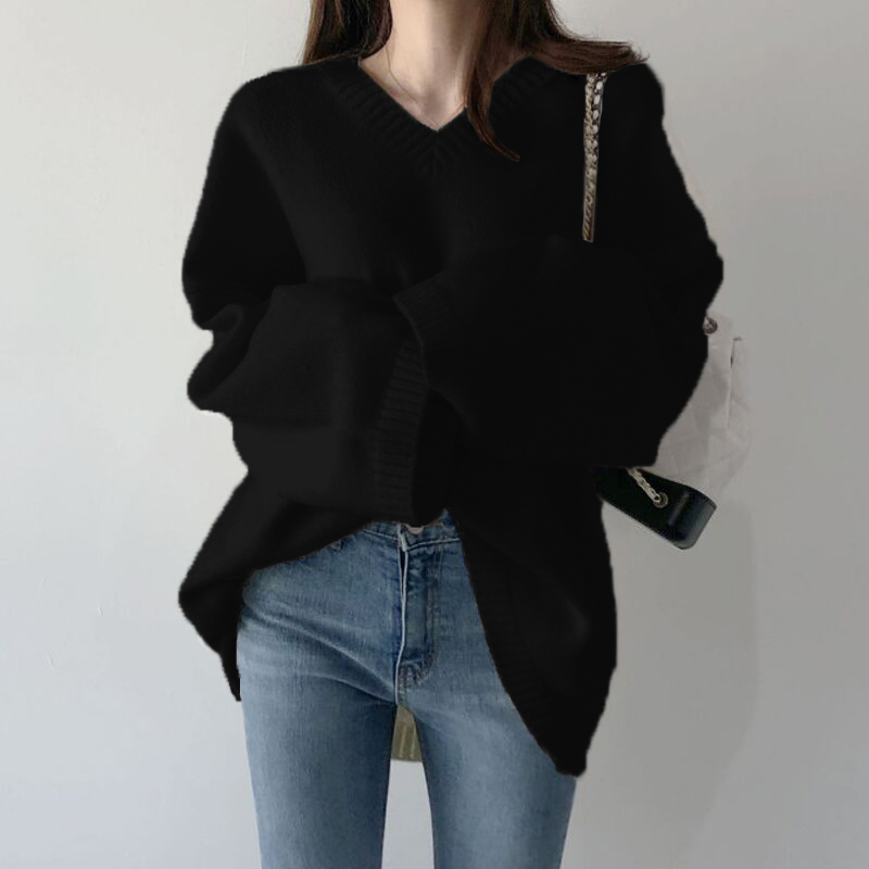 Spring Autumn Ladies Jumper Loose Korean Women Long Sleeve Sweater Fashion Elegant V-neck Knitted Pullover Tops 210513