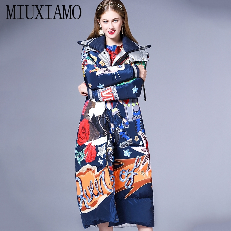 High quality new Temperament Fashion Loose parka Print Vintage X-Long women down winter coat Warm Jacket Female Overcoat 201017