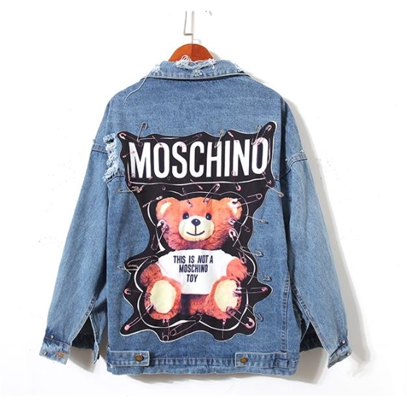 Women's Ladies Bear Patch Denim Jacket With Sequins Pins Women Punk Beadings Long Sleeve Loose Street Wear Jeans Jackets Coat 201106