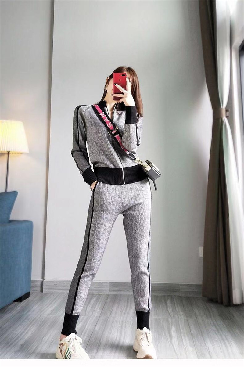 women tracksuit patchwork turtleneck zipper knitted cardigans sweater pants suit 2 piece set trousers elastic P570 T200118