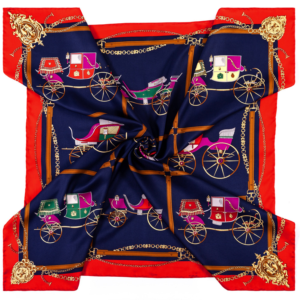 Silk Scarf Double-Sided Hand Rolled Foulard Satin Shawl Scarfs Carriage Print Big Size 90*90cm Square Silk Hair / Head Scarves Women Bandana