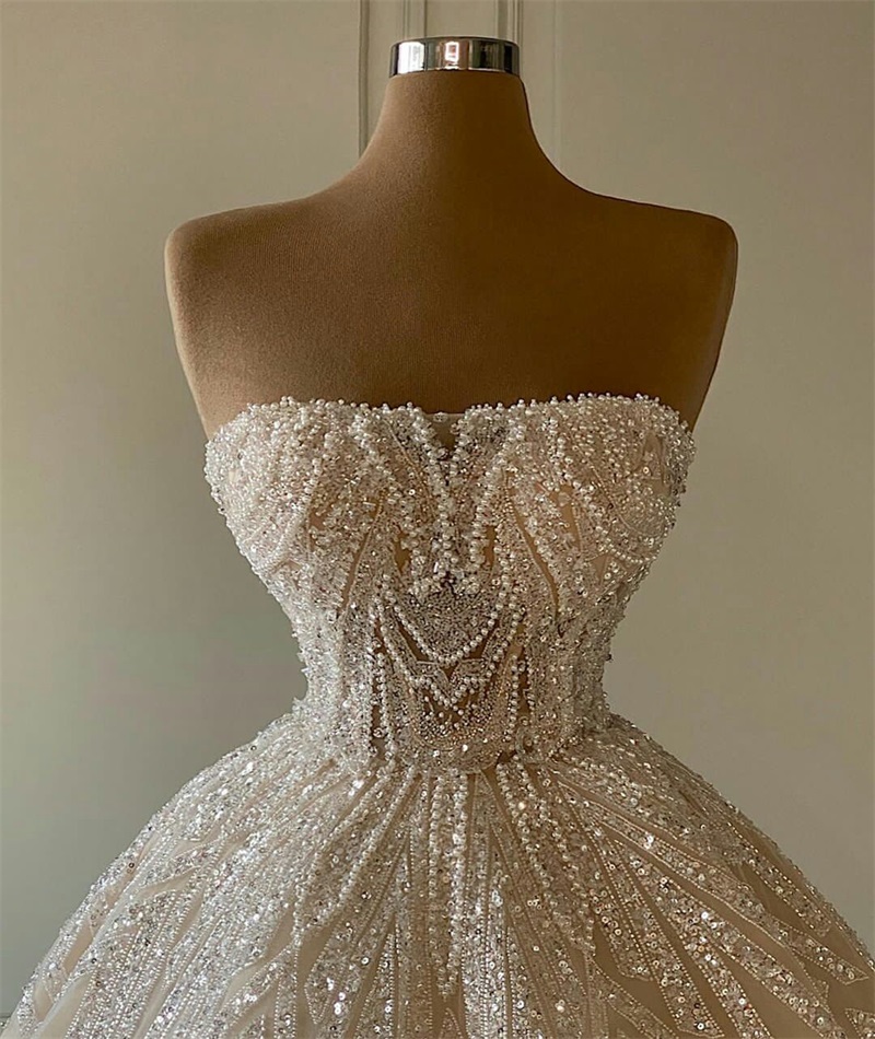 A E Wedding Dresses Church Castle Glitter Beads Pearls Sequins Strapless Bridal Gowns Custom Made Sweep Train Vestidos De Novia 0220