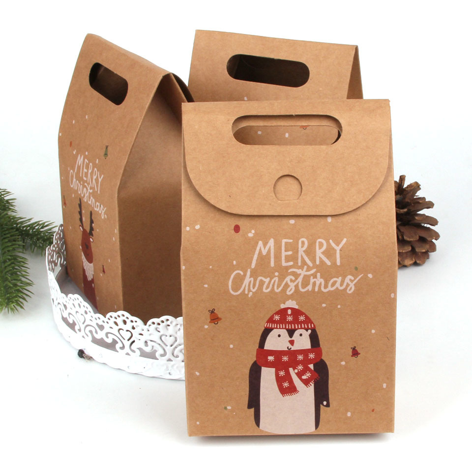 20PCS/Lot Christmas Santa/Snowman/Deer Kraft Candy Gift Bags Cookie Bags Merry Christmas Guests Packaging Boxes Party Decorations