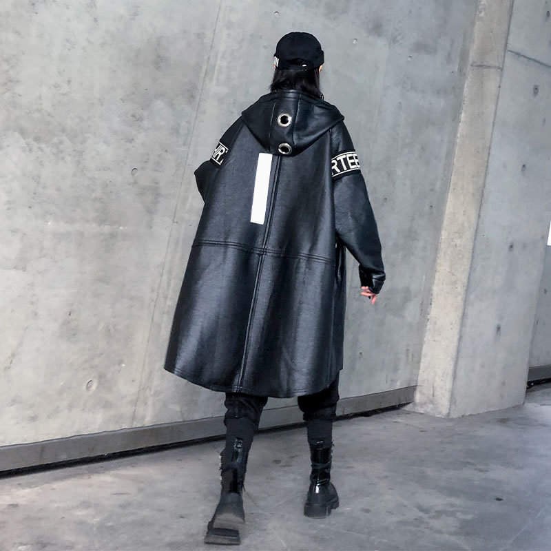 XITAO Letter Plus Size Faux Leather Women Fashion New Autumn Pocket Elegant Goddess Fan Hooded Collar Loose Coat ZLL4442 201226