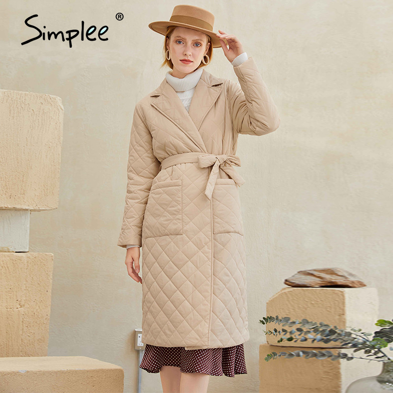 Fashion female winter windproof jacket Casual sashe winter parka Long straight coat with rhombus pattern 200928