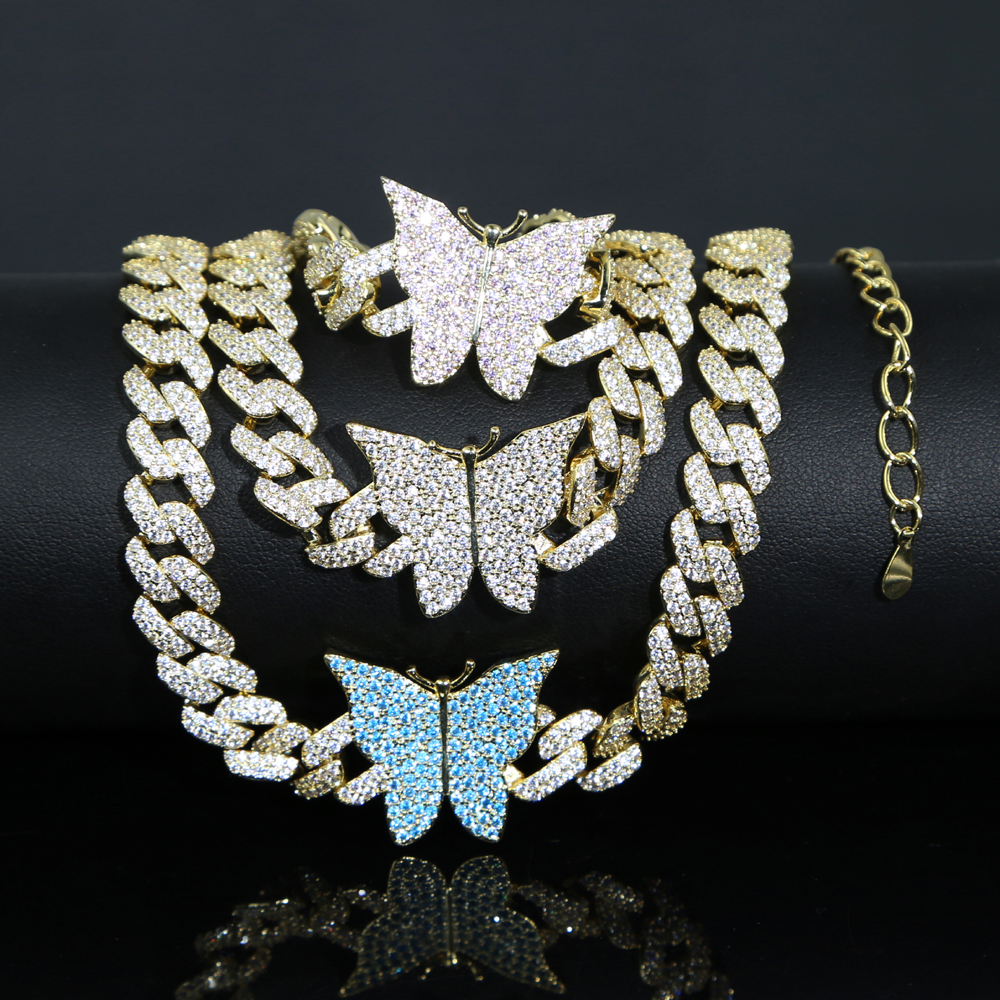 Gold Metal Color Micro Pave Blue Pink White CZ Butterfly Charm Miami Cuban Link Chain Choker Necklace for Women 2021 New Fashion Jewelry