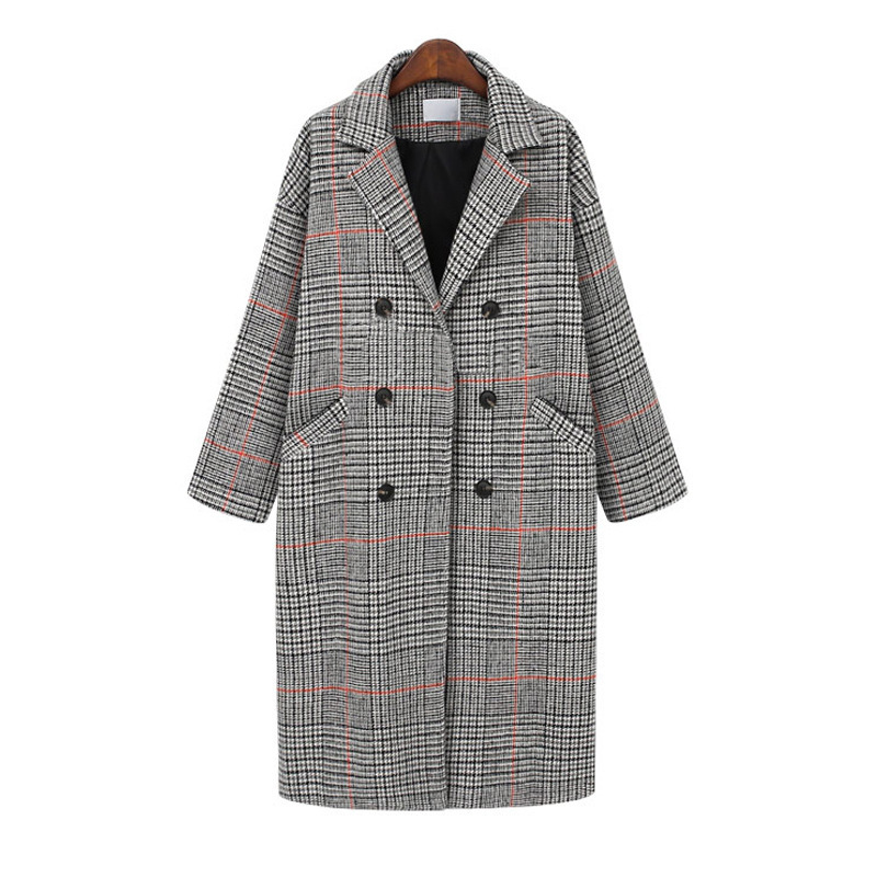 Autumn Winter Long Coat Women Casual Plus Size Plaid Double breasted Wool Blazers Jacket Female Elegant Overisze Outwear 201222