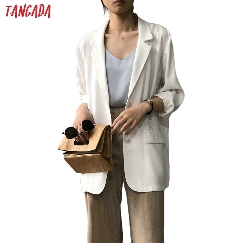 Tangada women spring thin white blazer female elegant jacket casual suits high quality ASF39 201114