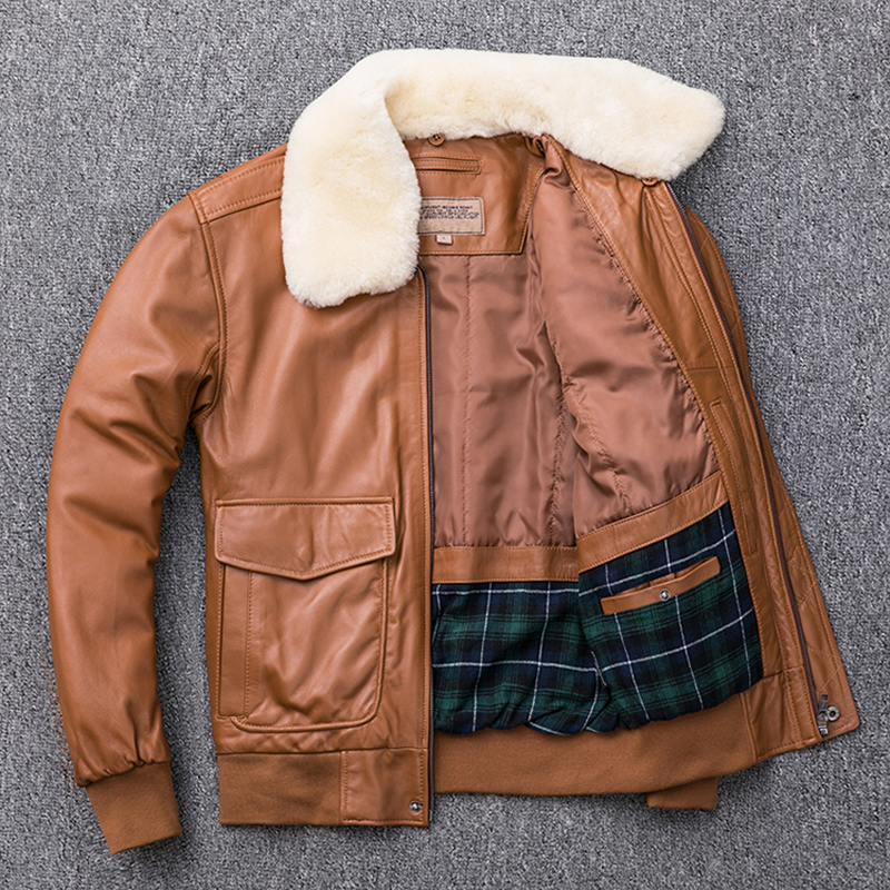 MAPLESTEED Thickening Quilted 100% Sheepskin Leather Jacket Men Air Force G1 Flight Jacket Man Winter Coat Collar Removable M176 201128