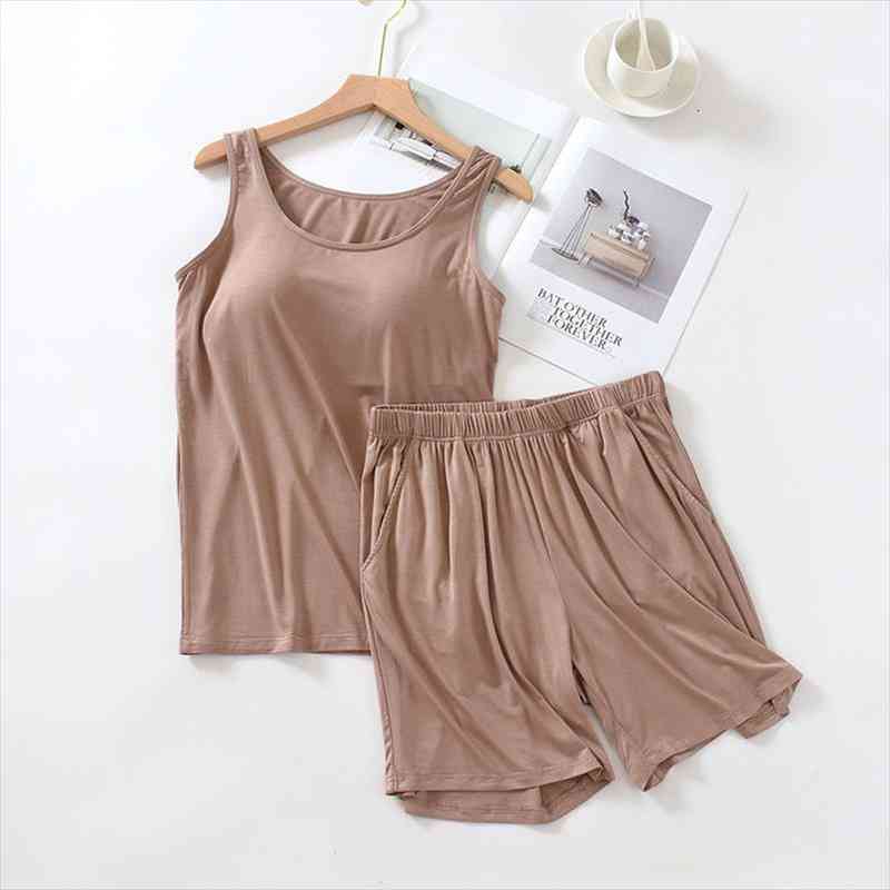 Sleeveless Sexy Top Shorts Sleepwear Set Modal Cotton Pajamas Women Bra Padded Nightwear Pijamas Comfortable Night Suit, Black;red 
Sleeveless Sexy Top Shorts Sleepwear Set Modal Cotton Pajamas Women Bra Padded Nightwear Pijamas Comfortable Night Suit, Black;red