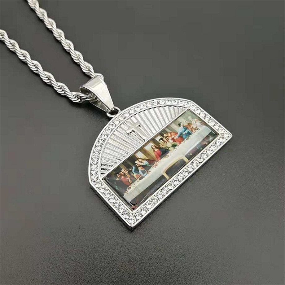 Iced Out The Last Supper Pendant Necklace Male Gold Color Stainless Steel Cross Necklaces For Men Religious Jewelry 201014