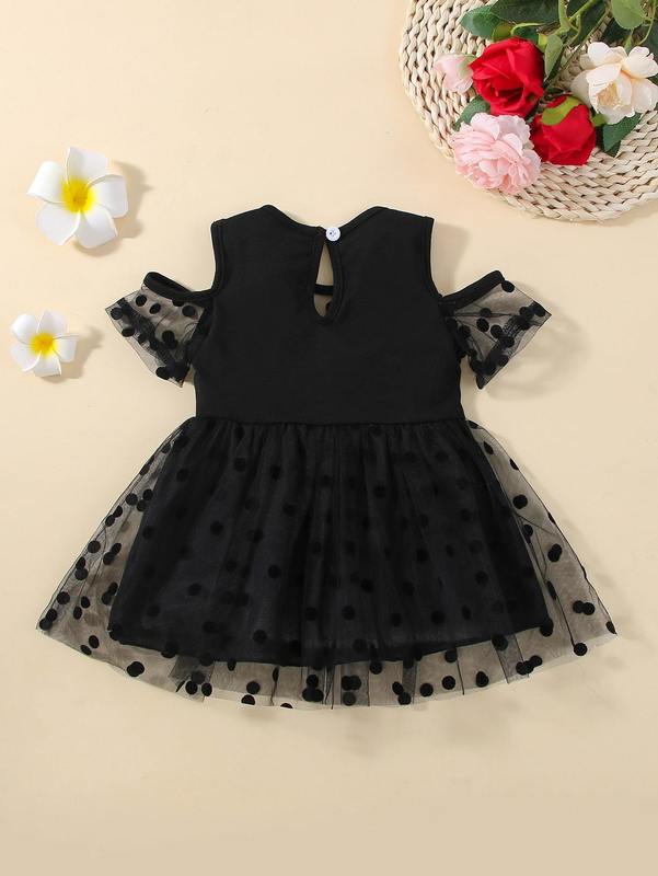Baby Contrast Polka Dot Mesh Cold Shoulder Dress SHE
