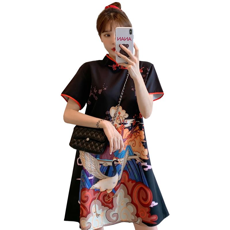 Plus Size M4XL Fashion Modern Trend Cheongsam Dress for Women Summer Black Short Sleeve Qipao Traditional Chinese Clothing1441447