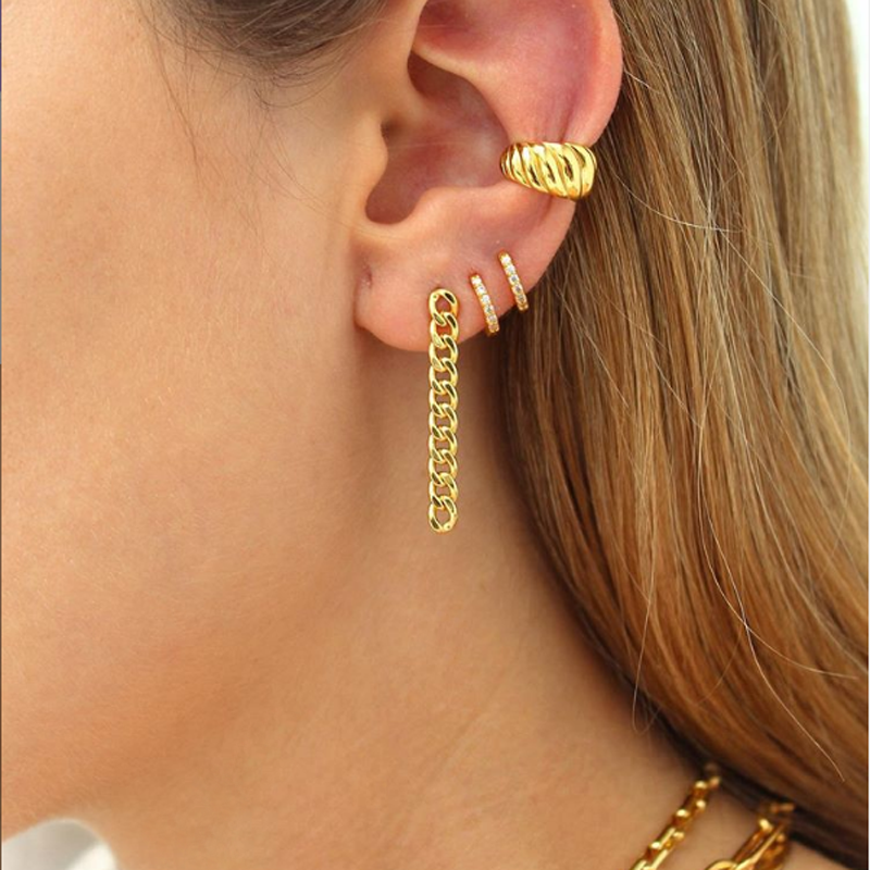 Gold Color Geometric Simple European Women Jewelry Gold Color Fashion Twinst Hoop Earrings Minimal Delicate Mini Hoop Open Earring